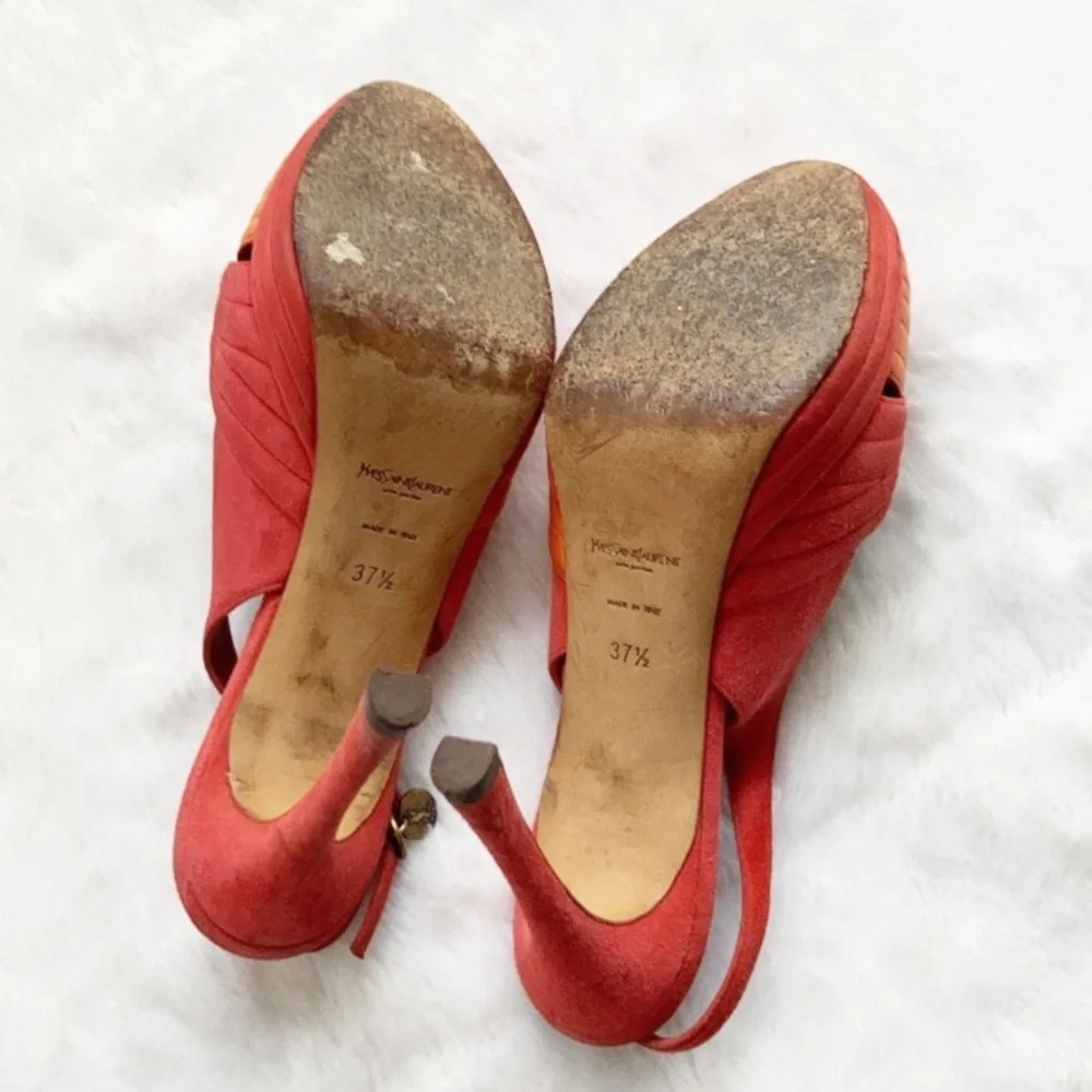 YSL Logo Palais 105 Orange and Coral Slingback Platform Heels, size 37.5 - Picture 9 of 11
